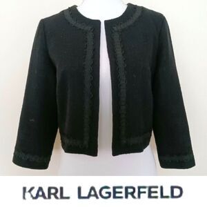 Karl Lagerfeld Paris Blk Crop Jacket Open Front Blk Ribbon Trim 3/4 Sleeve Sz M